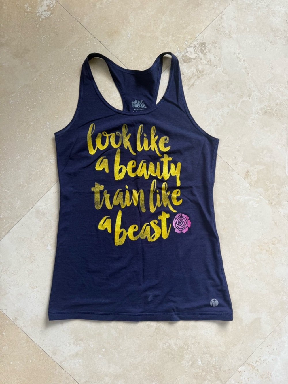 Navy Racerback Tank with Gold Script and Pink Rose Accent